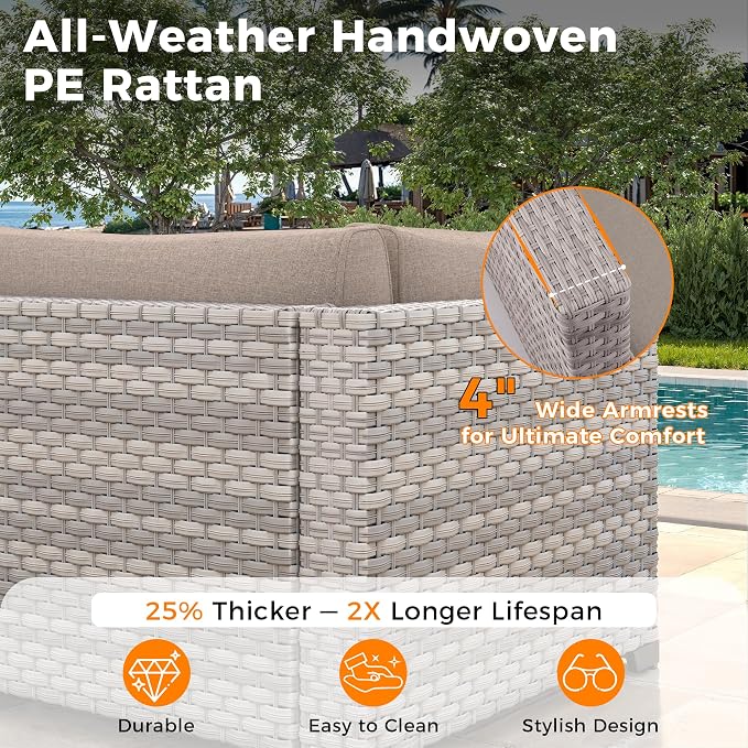 14-Seat Modern Patio Furniture Set with Swivel Rocking Chairs, Thick 4″ Cushions, Dual-Strand Wicker Rattan, Rust-Resistant Steel Frame – Outdoor Conversation & Modular Sectional,Beige