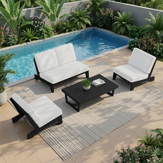 5 Pieces All Weather Black Wood Patio Furniture Sets, 2 Patio Loveseat, 2 Patio Bistro Chair, Outdoor Sectional Sofa Furniture Backyard Conversation Set with Coffee Table - Beige