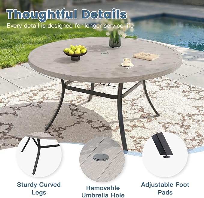 DIFY 11 Pieces Outdoor Patio Dining Set for 10, 60" Grey Wood-Like Round Metal Dining Table and 10 Sandshell Stackable Textilene Patio Chairs, Outdoor Table and Chairs for Backyard Garden Poolside