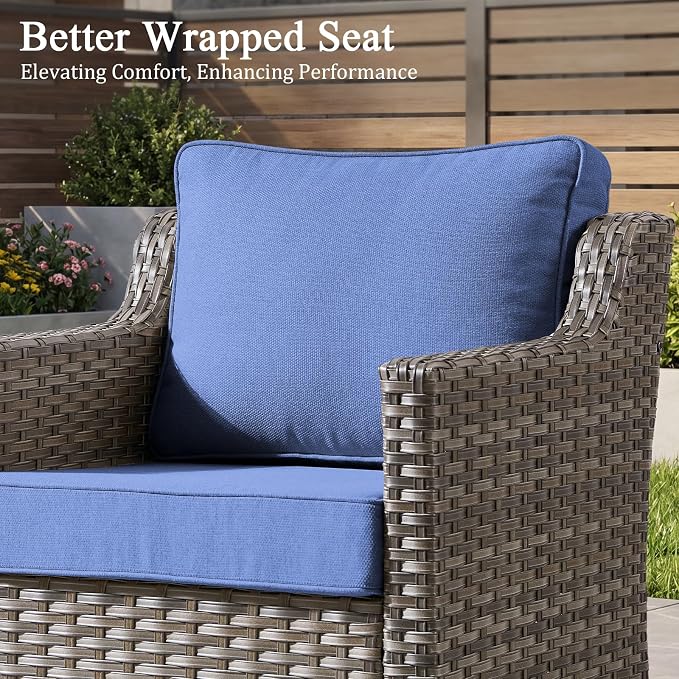Luxury Patio Furniture sofa Set - 5 Pieces All Weather Wicker Outdoor Couch and High Back Swivel Rocker Patio Chairs with Glass coffee table for Deck Yard and Poolside Gray Wicker | Blue Cushions
