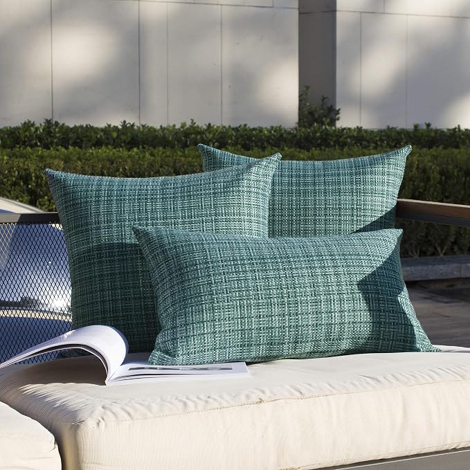 Kevin Textile Outdoor Waterproof 12"x24" Lumbar Pillow Covers 2 Pack, Teal | Water Resistant, Faux Linen Yarn-dyed, Woven Texture Throw Pillow Covers for Tent Patio Garden Couch Sofa