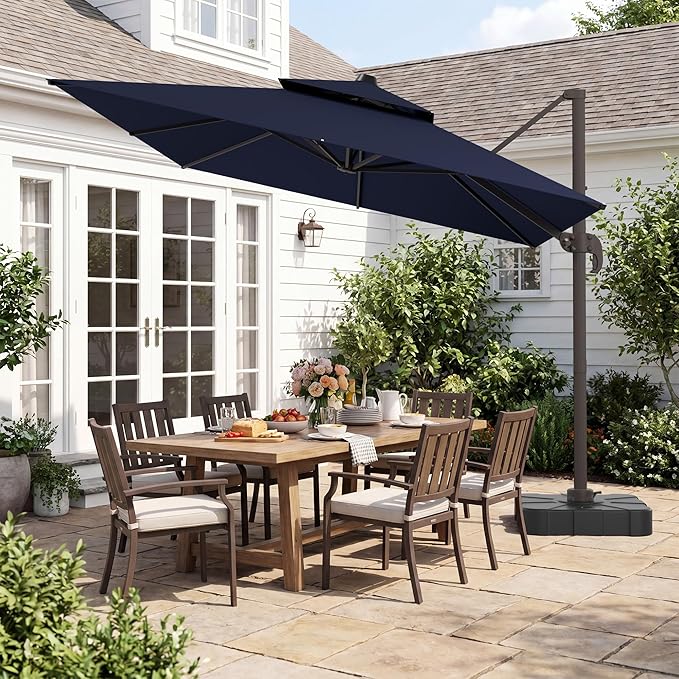 HASLE OUTFITTERS 10x13 FT Patio Cantilever Umbrella with Base, Outdoor Large Offset Rectangular Double Top Heavy Duty Umbrellas with 360° Rotation for Pool Garden Deck，Navy
