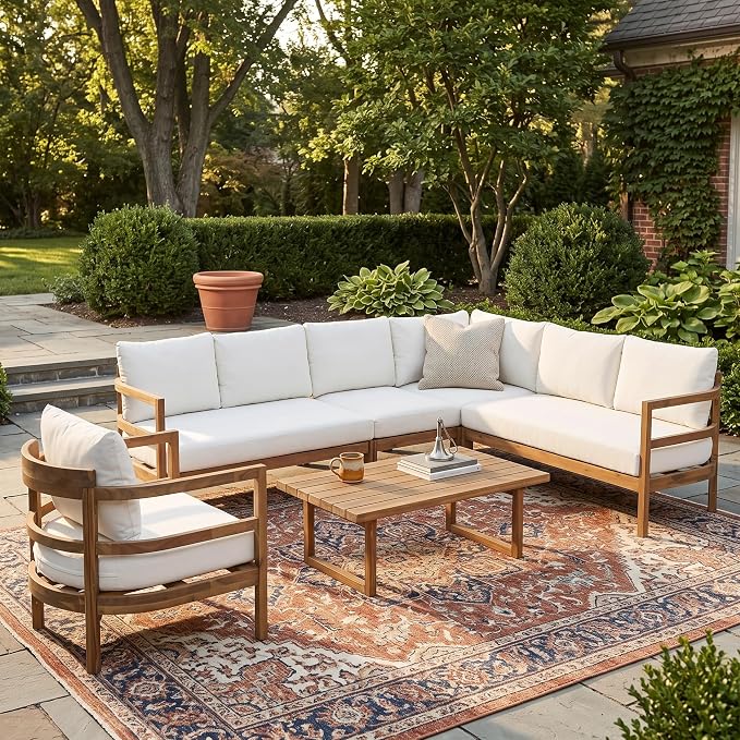 Outdoor Acacia Wood 6-Seater Sectional Sofa Set