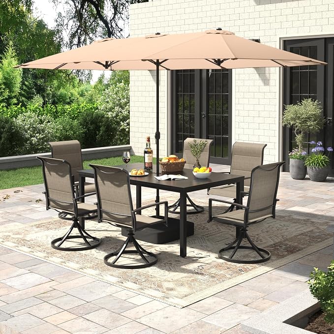 Outdoor Dining Set for 6, 8 Pieces Patio Table and Chairs Set with Umbrella, 63" Outdoor Dining Table and Padded Textilene Patio Swivel Chairs for Garden Backyard, Mixed Brown and Black