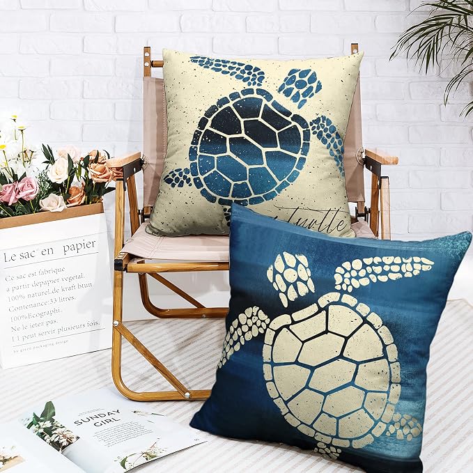 Ocean Decor Throw Pillow Covers Coastal Sea Turtle Pillow Cases 20x20 Nautical Beach Theme Linen Pillow Cover for Living Room Outdoor Car Couch Pack of 2