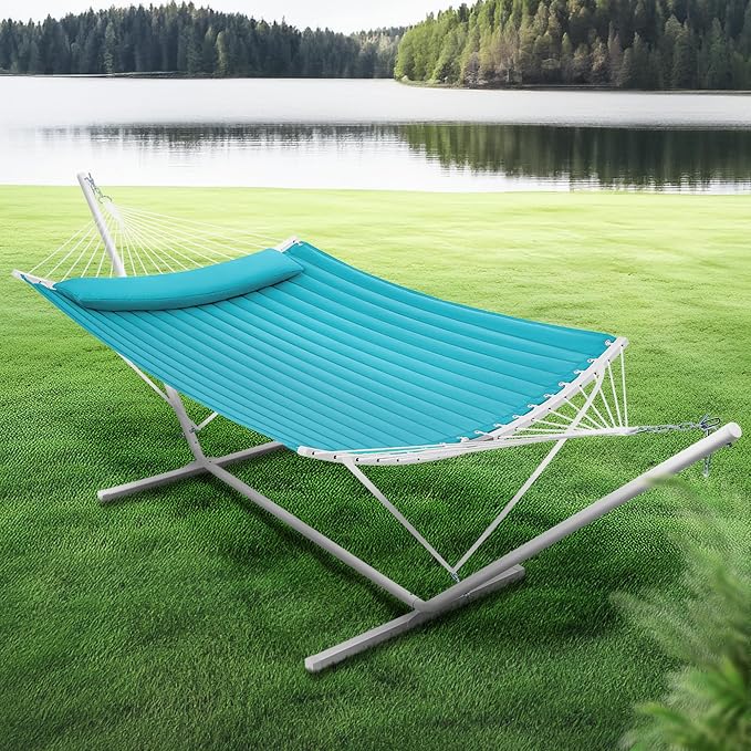 SUPERJARE Hammock with Stand, 2 Person Heavy Duty Hammock with Padded Cotton, Detachable Pillow & Strong Curved-Bar & Portable Carrying Bag, Perfect for Outdoor & Indoor, Sky Blue