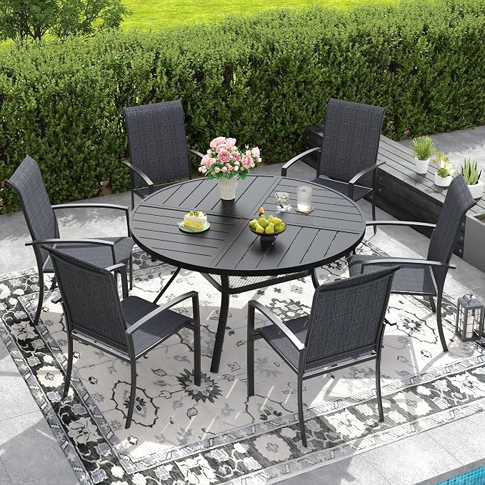 DIFY 7 Pieces Outdoor Dining Set, Metal Patio Table and Chairs Set for 6 with Umbrella Hole, 47.2" Round Dining Table and Textilene Stackable Patio Chairs for Garden Backyard Poolside, Black