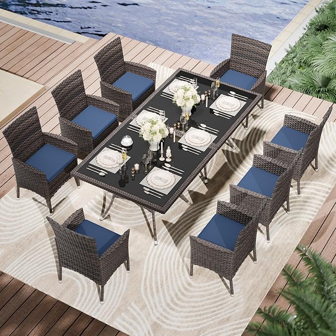Kullavik 10 Pieces Outdoor Dining Set Patio Rattan Furniture Set,Patio Dining Table and Chairs Set with 8 Chairs and Cushions,Square Glass Tabletop with Umbrella Hole for Patio,Backyard,Navy Blue