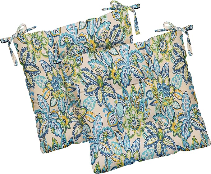 RSH DECOR Indoor Outdoor Blue Prints - Set of 2 Tufted Chair Cushions with Ties, Weather Resistant - Choose Color & Size (Copeland Caribe Blue Teal Yellow Floral, 16"x16")