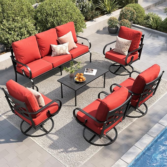 PHI VILLA Patio Furniture Set, 3-Seater Sofa, 4 Swivel Chairs and a Coffee Table, Outdoor Metal Conversation Set with 5.75" Extra Thick Cushion for Garden Backyard Deck, Red