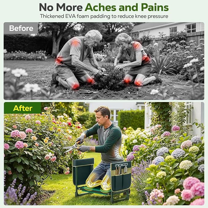 MoKo Garden Kneeler, 350 lb Foldable Garden Kneeler and Seat Tool Bag,Green | 2-in-1 Heavy Duty Gardening Stool,10.2in widened seat cushion and 2 Oxford tool bag, Gardening Gifts for Women, Seniors,