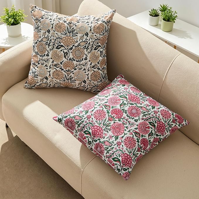 Allorry Outdoor Pillow Covers 18x18 Rose Pink Floral Outdoor Decor JB013D18 | Set of 2 Vintage Floral Block Print Pillow Cover,Farmhouse Boho Decorative for Spring Summer Outdoor Sofa Bedroom Decor