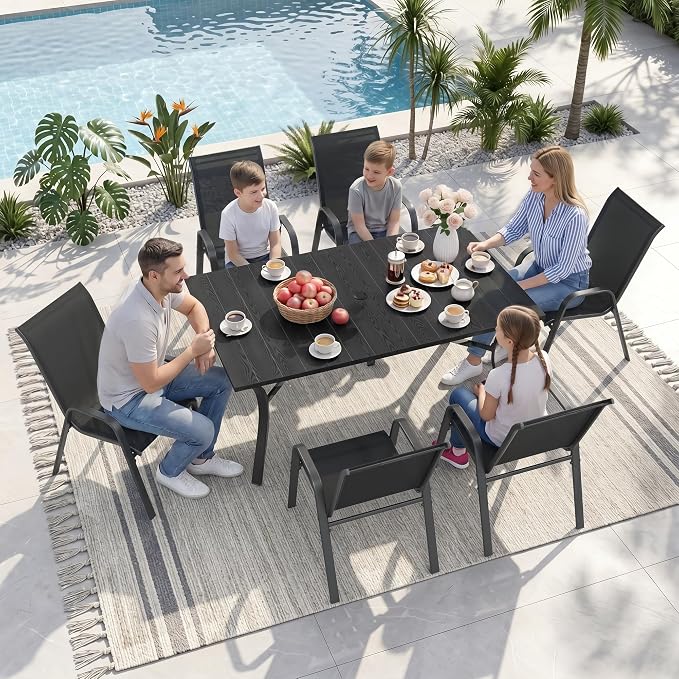 Outdoor Dining Set for 6, Patio Metal Table and Chairs Set with 1.97'' Umbrella Hole, 7pcs Patio Furniture Set 63”x37.8” Dining Table Set with Stackable Chairs for Backyard Pool Deck