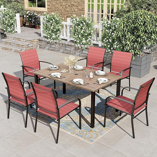 HERA'S HOUSE Patio Table and Chairs for 6, 7 Pieces Outdoor Deck Dining Sets, Wood-Like Rectangular Metal Table Set with Chairs for Lawn Garden Backyard, Red
