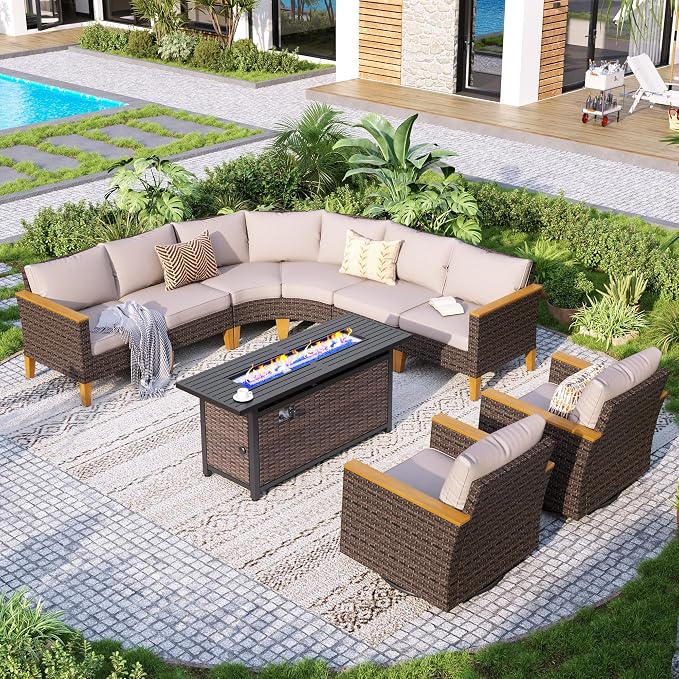 GREEN PARTY 8 Pieces Wicker Patio Furniture Set with 56" Fire Pit Table, All-Weather Outdoor Rattan Patio Half-Moon Curved Sectional Sofa Conversation Set for Garden, Backyard, 2 x Swivel Chairs