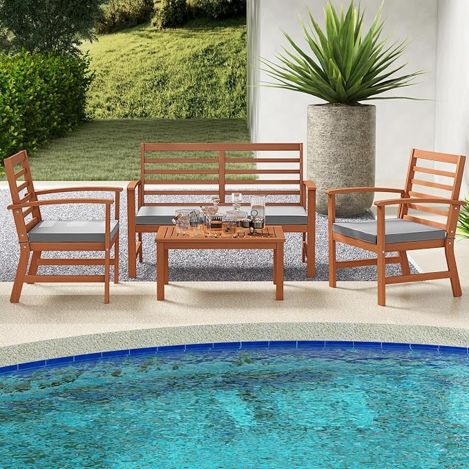 Tangkula 4 Pieces Outdoor Furniture Set, Acacia Wood Conversation Set w/Soft Seat Cushions, Stable Acacia Wood Frame, Patio Sofa & Coffee Table Set for Backyard, Porch, Poolside (Grey)