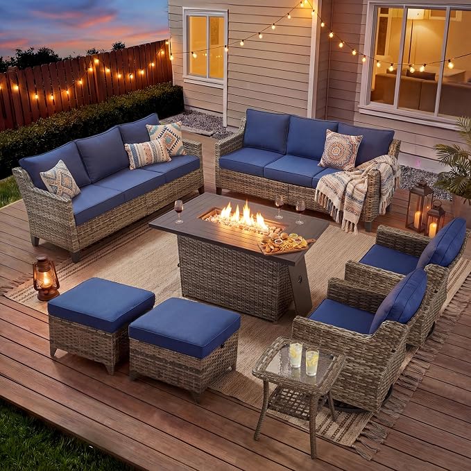 8 Pieces Patio Furniture Set with 42.5" Fire Pit Table-All Weather Wicker Outdoor Furniture with High Back Wicker Patio Chairs Set of 2 Outdoor Couch for Deck Garden Gray/Blue