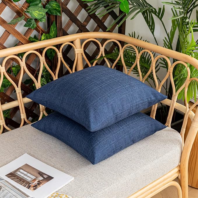 Kevin Textile Outdoor Waterproof 22”x22” Pillow Covers 2 Pack, Blue | Water Resistant, Soft Faux Linen-cotton Yarn-dyed Woven Texture Throw Pillow Covers for Tent Patio Garden Couch Sofa
