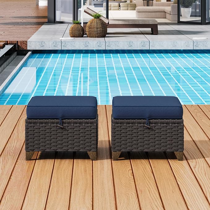 2 Pieces Patio Outdoor Ottomans with Removable and Washable Covers，PE Rattan Wicker Footstools for Porch, Garden, Sunroom (Navy Blue)
