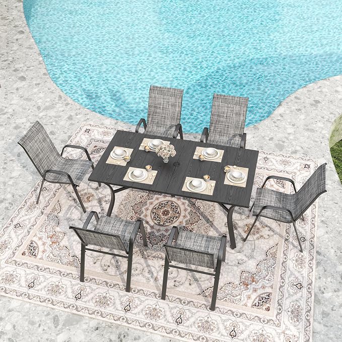 KEIKI 7-Piece Outdoor Patio Dining Set, Waterproof Patio Table and Chairs for 6, Rectangular Metal Table with Umbrella Hole for Lawn Garden Backyard, Blush+Grey