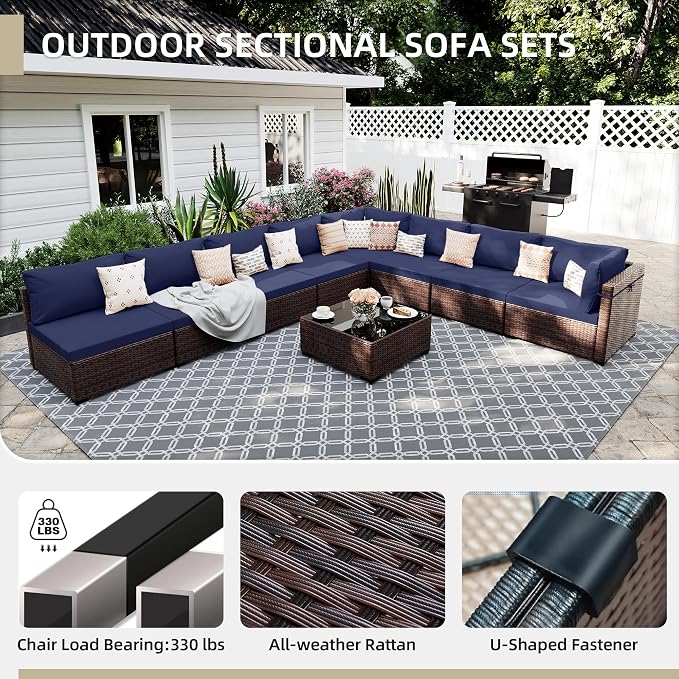 UPHA 9 Pieces Patio Furniture Sets, Wicker Outdoor Sectional Sofa Couch with Coffee Table, Patio Conversation Set for Deck Backyard Garden, Brown Rattan, Navy Blue Cushion