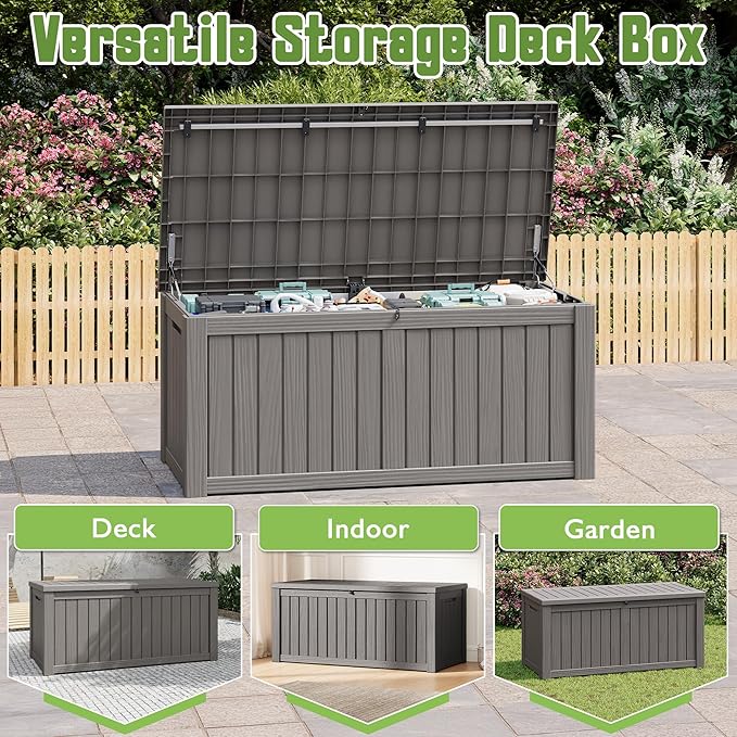 Outdoor Storage Box, 150 Gallon Deck Box with Lockable Lid, Waterproof Resin Storage Bin for Cushions, Garden Tools, Patio Furniture, Grey