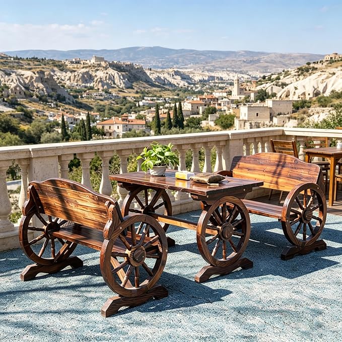 3 Pieces Patio Dining Set, Outdoor Wooden Rectangular Table and Benches,Rustic Wheel Bench Outside Furniture Set for Patio Porch,Deck, Lawn, Garden and Backyard(55in)