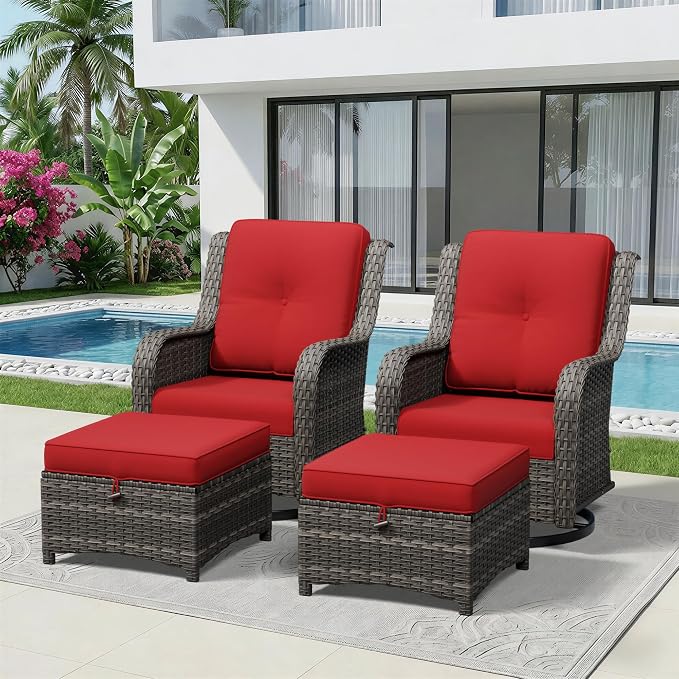 4 Piece Outdoor Wicker Patio Furniture Set, Outdoor Swivel Rocker Patio Chairs Set with Thickened Olefin Cushions, High Back and Deep Seating, Hand-Woven PE Rattan, Ottoman for Porch, Deck