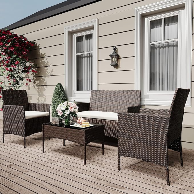 GAOMON 4-Piece Patio Furniture Set, All-Weather Patio Set - PE Wicker Sectional with Tempered Glass Table, Modular Outdoor Furniture for Pool Decks, Brown & Beige