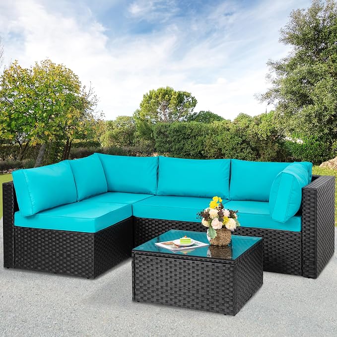 Patio Furniture Sets, 5 Piece Outdoor Sectional Sofas, Wicker Rattan Outdoor Furniture Patio Conversation Set, All-Weather PE Rattan Outdoor Couch for Backyard, Garden, Black & Blue