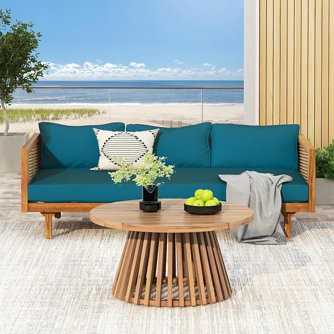 Christopher Knight Home Charm Patio Conversation Set, 3 Seater Acacia Wood Sofa, Spacious Seating Wicker Armrest Chair, Wood Coffee Table, Round Side Table, Outdoor Furniture for Garden, Dark Teal