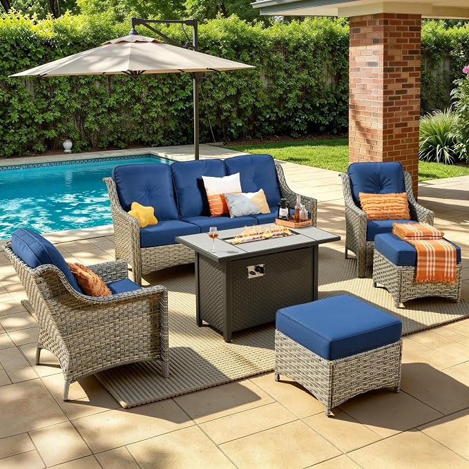 6 Piece Patio Furniture Set with Fire Pit Table, Outdoor Wicker High Back Sofa Chairs Ottoman with Comfy Cushions, Modern Conversation Sets for Backyard Deck Garden Poolside, Navy Blue