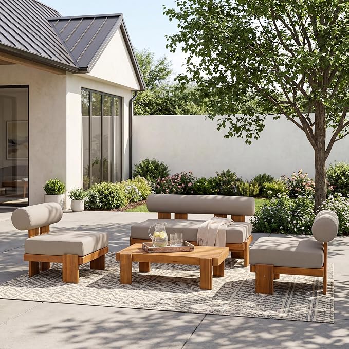 Merax 4-Piece Patio Conversation Set with Acacia Wood Frame, Waterproof Cushions & Round Backrest – Loveseat, 2 Club Chairs & Coffee Table for Garden, Deck & Balcony, Light Brown+Teak
