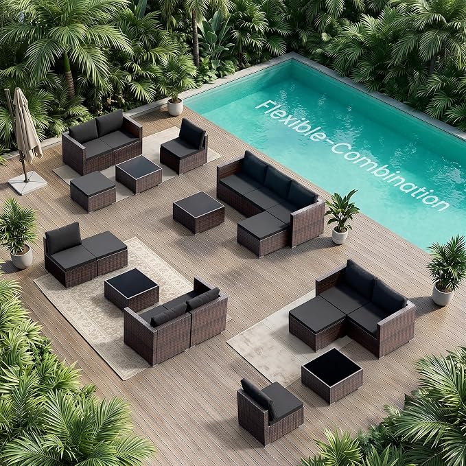 Patio Furniture Set - All-Weather -5 Piece Outdoor Patio Conversation Couch Sets, Modular Wicker Rattan Sectional Sofa for Garden, Patio, Poolside, Backyard, Balcony, Porch,Medium Gray