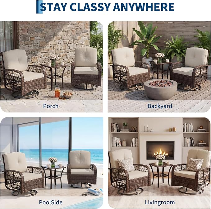Outdoor Swivel Rocker Chairs Set, 3-Piece Patio Furniture with Washable Cushions & Glass Tabletop, Swivel Glider Rocker Set for Deck Porch Balcony Backyard Garden, Brown Wicker & Beige Cushions