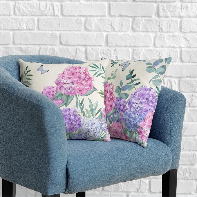 Pink Hydrangea Pillow Covers Spring Flowers Outdoor Pillow Covers 16x16 Set of 2 Purple Pink Hydrangea Eucalyptus Pillow Case Cotton Linen Cushion Case for Sofa Garden Patio