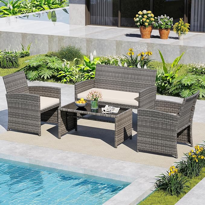 HAPPYGRILL 4 Piece Rattan Wicker Patio Conversation Set, Outdoor Furniture with Chair Loveseat Table & Cushion, for Backyard Porch Balcony (1, Off White)
