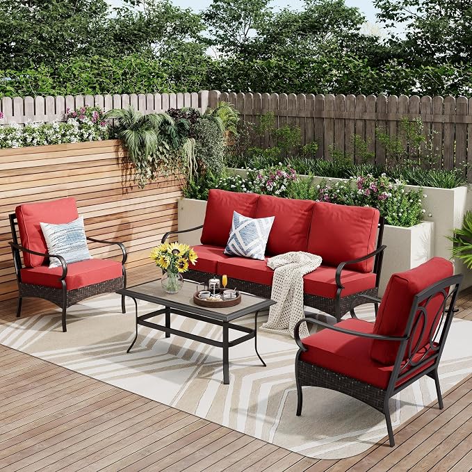 PHI VILLA Outdoor Modern Patio Furniture Set, Upgraded Wicker & Metal Patio Furniture Conversation Set with Waterproof Thick Cushions for Porch, Poolside, Yard (4 Pieces,Red)