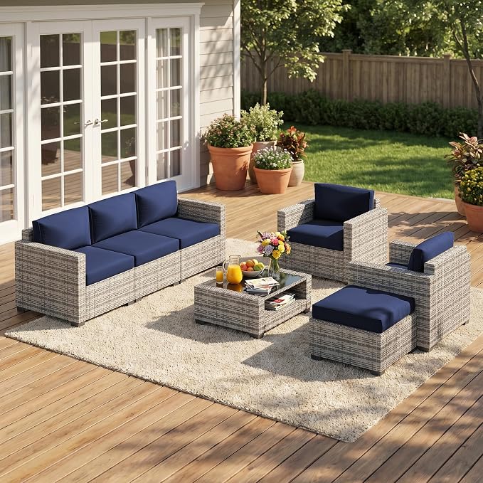 Patio Furniture Set, 7-Piece Outdoor Sectional Couch with Coffee Table & Thick Cushions, Outdoor Wicker Conversation Set for Backyard, Poolside, Garden (Grey White-Navy, 7 Piece-Double)