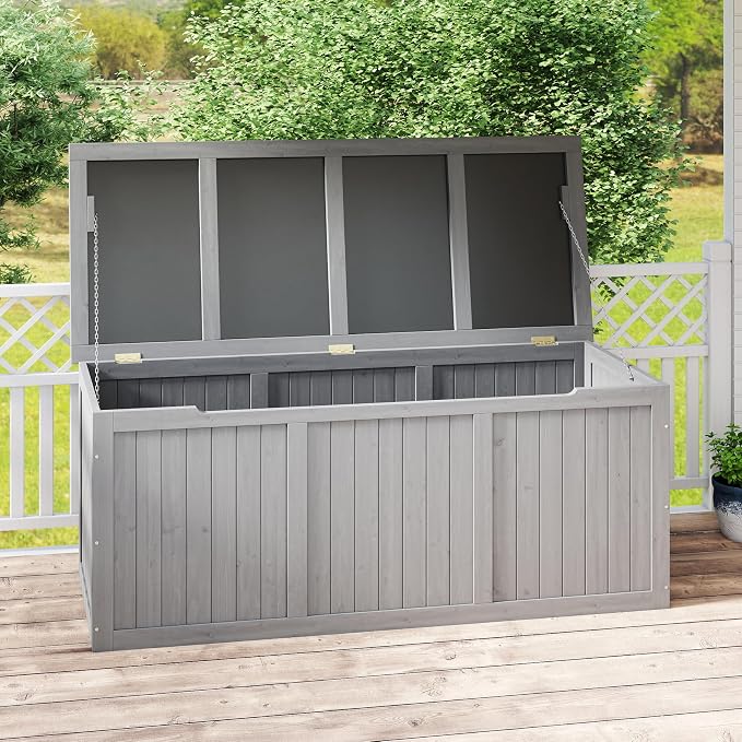 Domesto 112 Gallon Extra-Large Outdoor Deck Box, Solid Wood Storage Box Seat & Table Top, For Patio Cushions, Pool, Garden Tools (Grey, 112 Gallon)