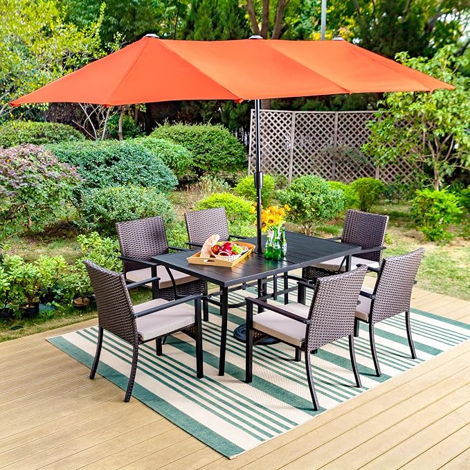 Sophia & William 7 Pieces Outdoor Dining Set with 13ft Red Patio Umbrella, Patio Metal Table and Rattan Chairs Set for 6 People, Patio Dining Set with Cushions & 1.6" Adjustable Umbrella Hole