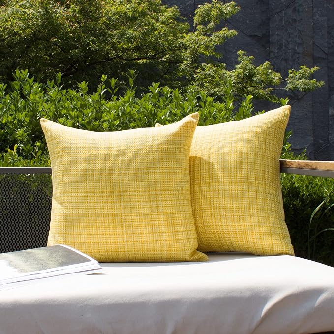 Kevin Textile Outdoor Waterproof 16x16 Inch Pillow Covers 2 Pack, Yellow | Water Resistant, Faux Linen Yarn-dyed, Woven Texture Throw Pillow Covers for Tent Patio Garden Couch Sofa