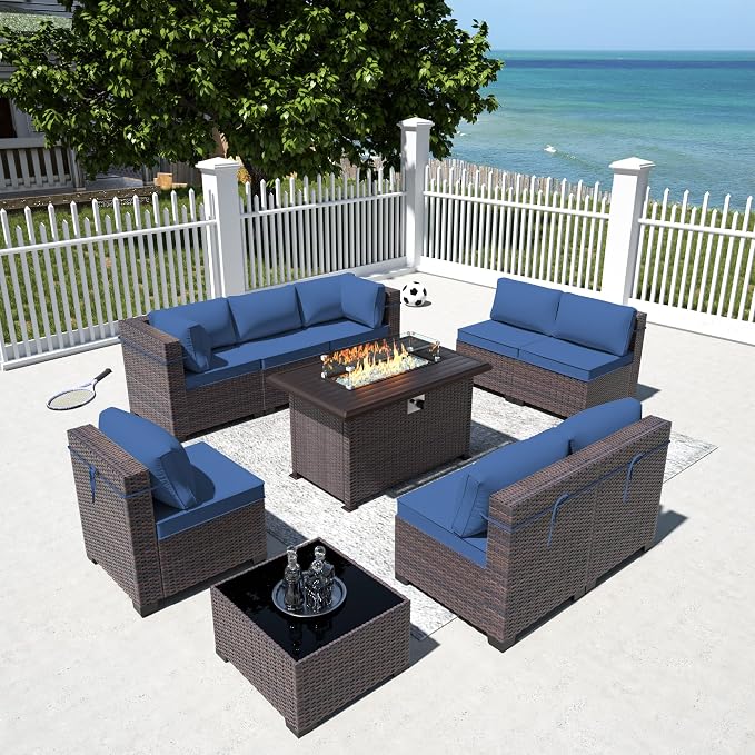 10 Pieces Outdoor Patio Furniture Set,Outdoor Sectional Furniture with 43" 55000 BTU Gas Propane Fire Pit Table,All Weather PE Rattan Wicker Patio Conversation Set,Navy Blue