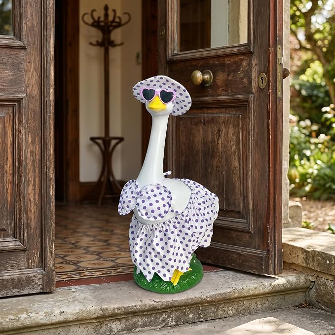 Large Porch Goose Statue Decor - 20″ Porch Goose Resin with Purple Summer Bikini Outfits, Garden Decor Lawn Goose Figurine, Indoor Outdoor Yard Decor, Unique Housewarming Birthday Gifts for Mom Women
