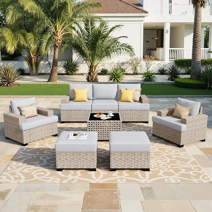 Weaxty 8 Pieces Outdoor Furniture Set, Patio Sectional Sofa Wide Seats Couch Chair with Ottoman Solar Table, Thick Cushion All-Weather Rattan Patio Conversation Sets for Backyard Porch Deck, Gray