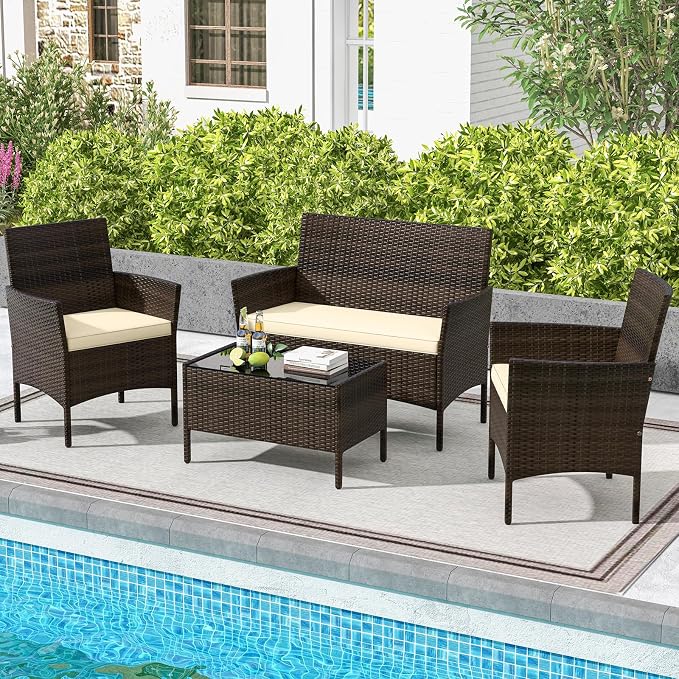 4 Piece Patio Furniture Set, Sectional Conversation Sofa Set with Glass Coffee Table, Cushions & Loveseat, Wicker Outdoor Table and Chairs for Pool, Garden, Deck, Backyard (1, Beige)