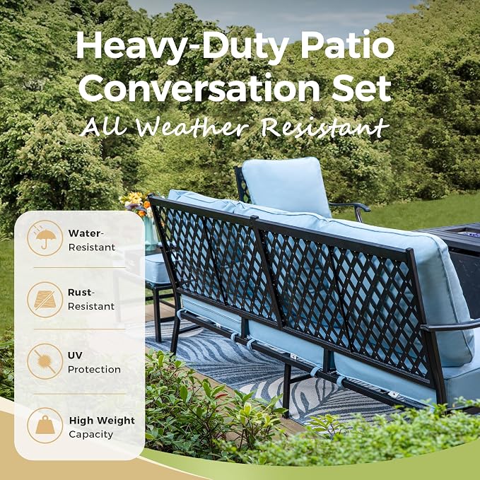 MIXPATIO Patio Furniture Set, 6 Pcs Metal Outdoor Conversation Set, 2 Rocker Chairs, 2 Ottomans and 3 Seater Sofa with 5.75" Extra Thick Cushion and Gas Fire Pit Table, Blue