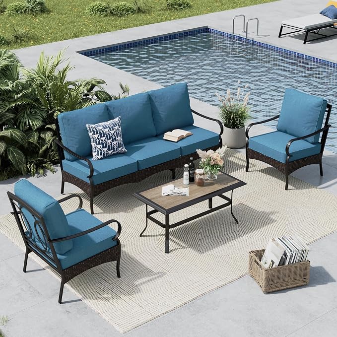 MFSTUDIO 4 Pieces Outdoor Patio Furniture Set, Metal Outdoor Conversation Set, Rattan Wicker Patio Sectional Sofa Set with 2 x Fixed Single Sofa, 3-Seat Sofa, 1 x Coffee Table, Navy Blue