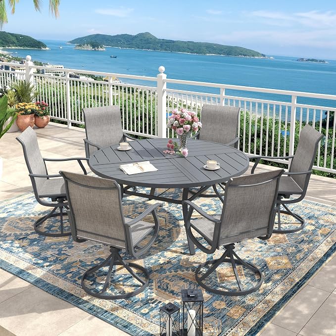 Outdoor Dining Set for 6, 50.1" Metal Round Outdoor Dining Table with Umbrella Hole and Sling Patio Swivel Chairs, 7 Pieces Patio Table and Chairs Set for Garden Backyard, Grey and Dark Grey