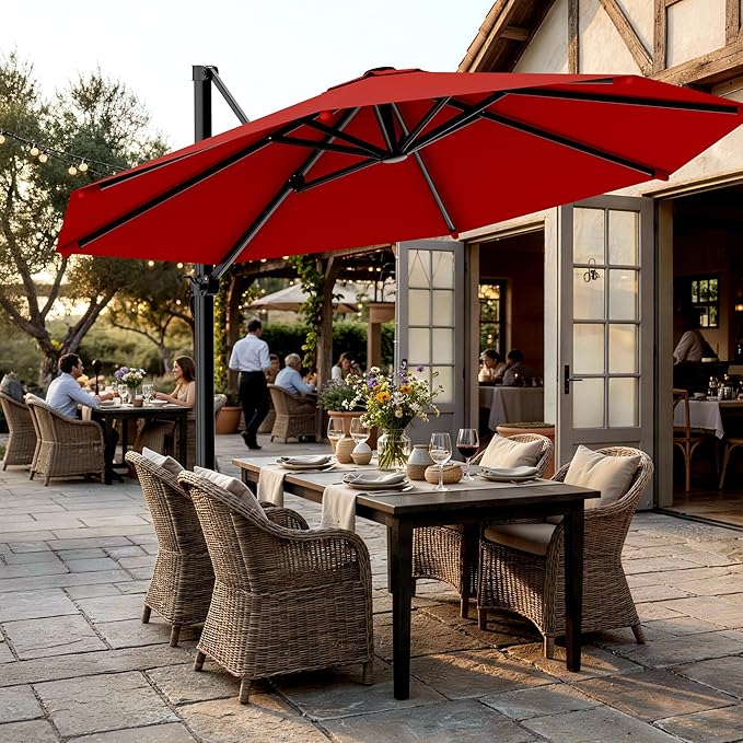 AreShark 10FT Cantilever Patio Umbrella, 360-Degree Rotation Round Hanging Offset Umbrella with Crank, Heavy Duty Patio Umbrella for Patio, Pool, Garden, Deck, Red